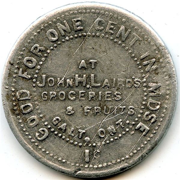 Canada Galt Waterloo Co. Ontario. John H. Laird. Merchant Token 404-B-F