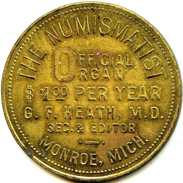 Canada Galt Waterloo Co. Ontario. The Numismatist, G.F. Heath. Advertising Token 404-M-Ax