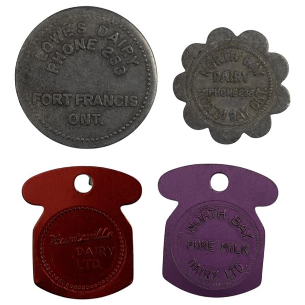 Canada Group of Four Milk Tokens North Bay, Fort Francis Etc. (4 Pieces)