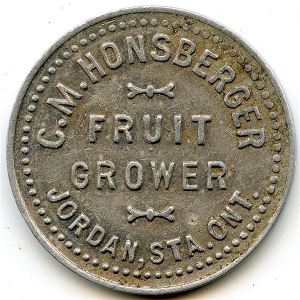 Canada Jordan Station Lincoln Co. Ontario. C.M. Honsberger. Friut Grower Token 532b-B-F