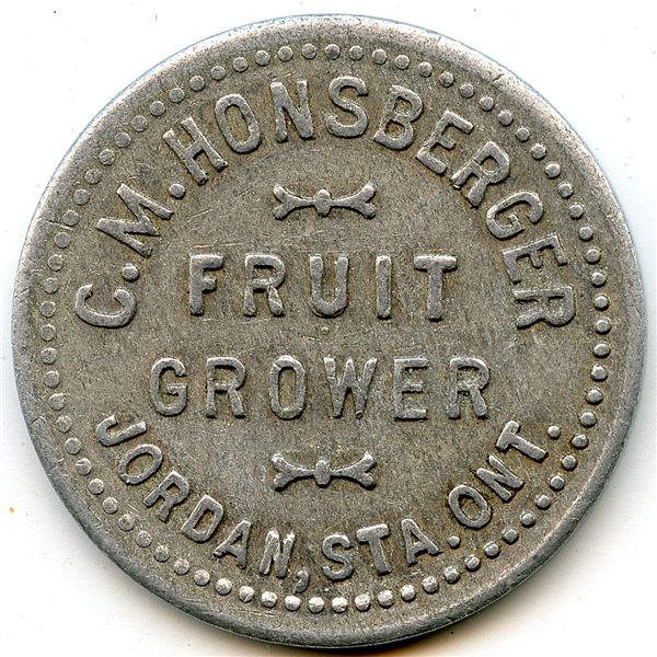 Canada Jordan Station Lincoln Co. Ontario. C.M. Honsberger. Fruit Grower Token 532b-B-E