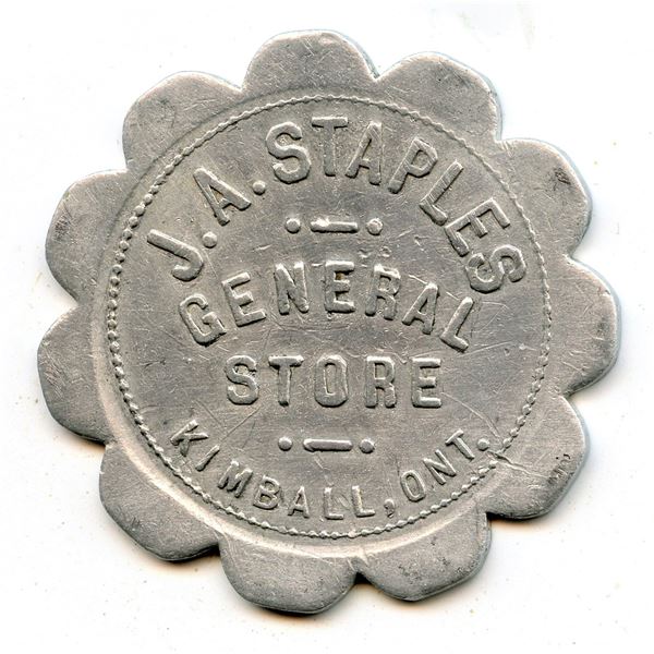 Canada Kimball Lambton Co. Ontario. J.A. Staples. Merchant Token 544-D-B