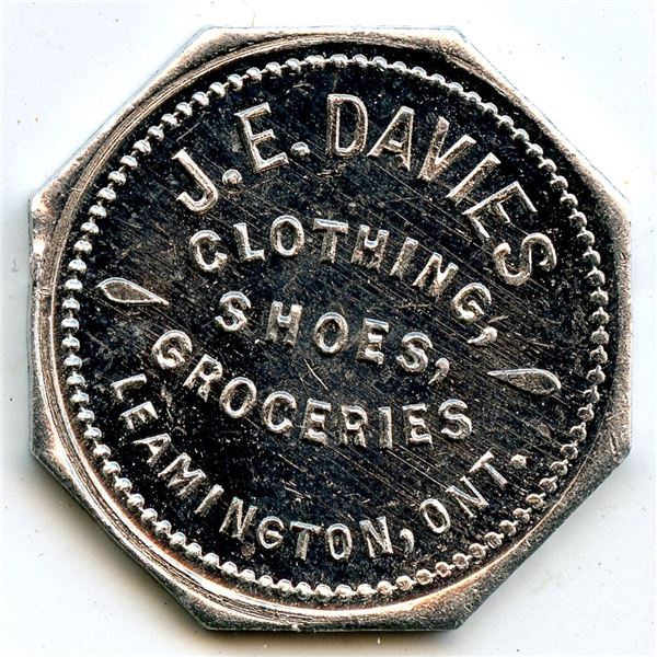 Canada Leamington Essex Co. Ontario. J.E. Davies. Merchant Token 568-D-D