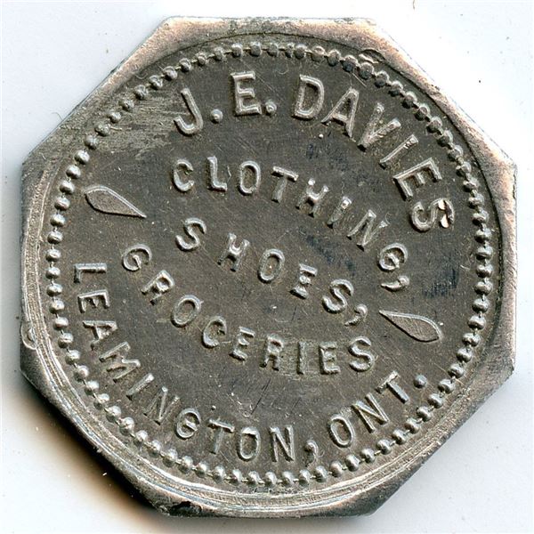 Canada Leamington Essex Co. Ontario. J.E. Davies. Merchant Token 568-D-E