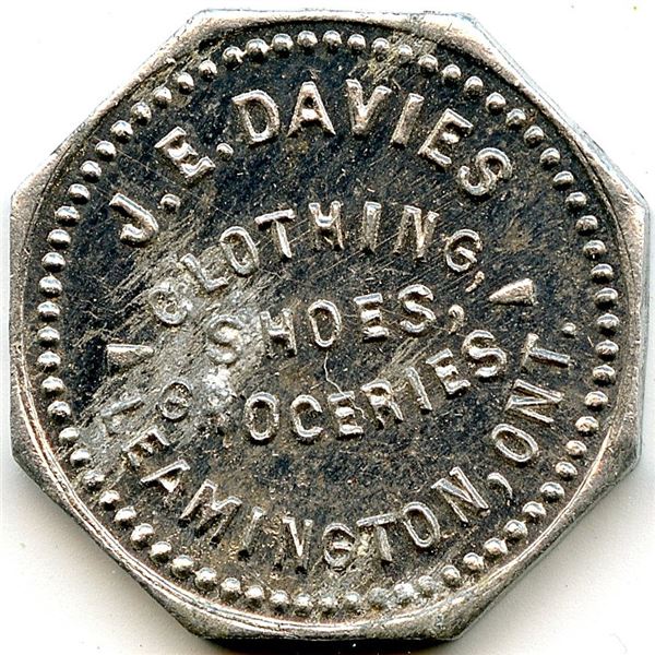 Canada Leamington Essex Co. Ontario. J.E. Davies. Merchant Token 568-D-F