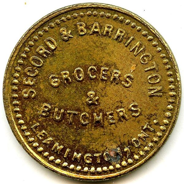 Canada Leamington Essex Co. Ontario. Secord & Barrington. Merchant Token 568-F-B