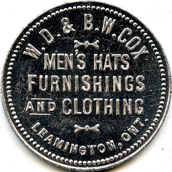 Canada Leamington Essex Co. Ontario. W.D. & B.W. Cox. Merchant Token 568-C-B