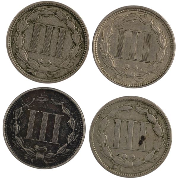 United States 1865-1881 3 Cents (4 Pieces)