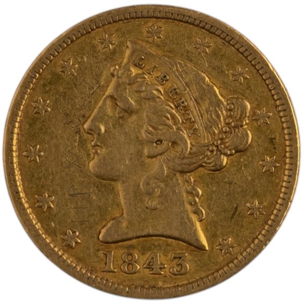 United States 1843 $5 Liberty Head Gold Half Eagle