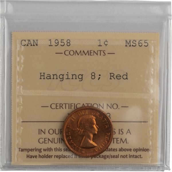 Canada 1958 1 Cent Hanging 8