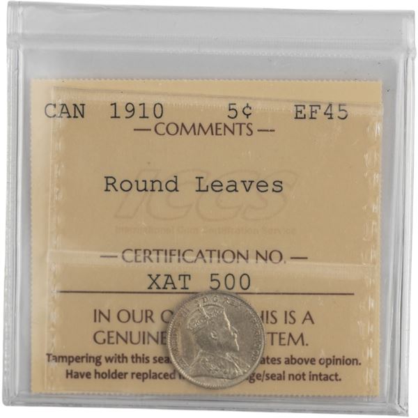 Canada 1910 Silver 5 Cent Round Leaves