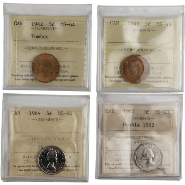 Canada Lot of Certified 5 Cents. 1942, 1943, 1962 DD, 1964.