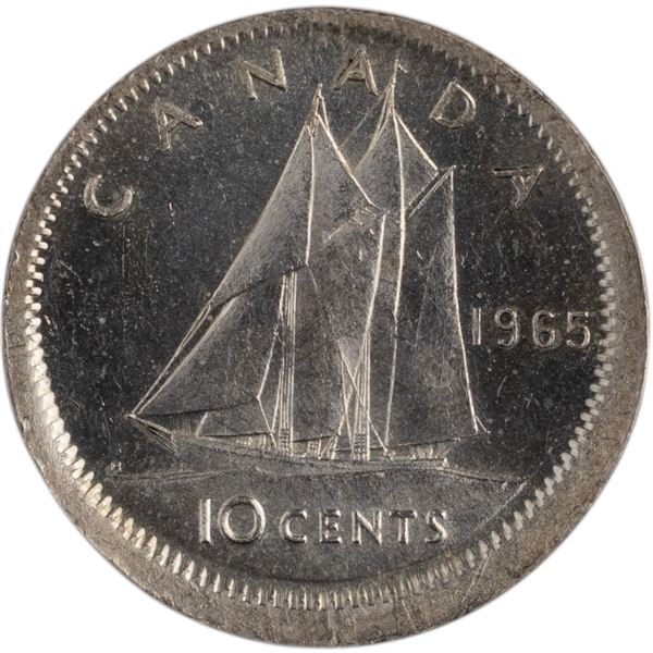 Canada 1965 Silver 10 Cents Broadstrike Error