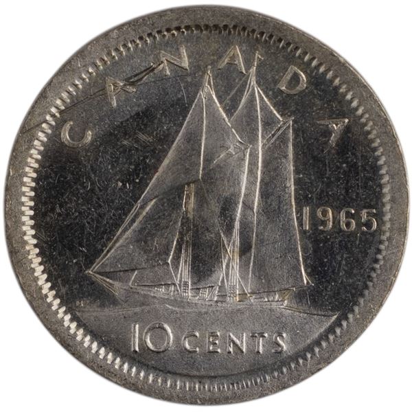 Canada 1965 Silver 10 Cents Centred Broadstrike Error