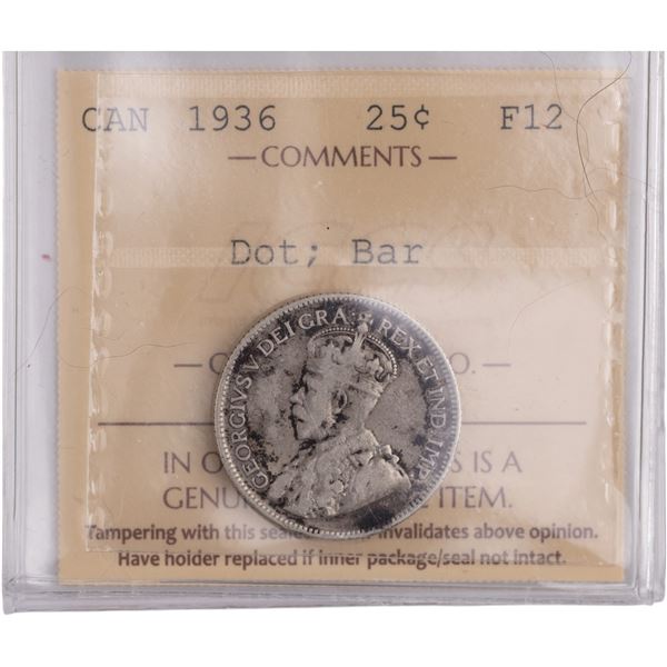 Canada 1936 Silver 25 Cents Dot Bar