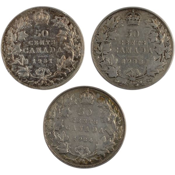 Canada 1931, 1932, 1934 Silver 50 Cents (3 Pieces)