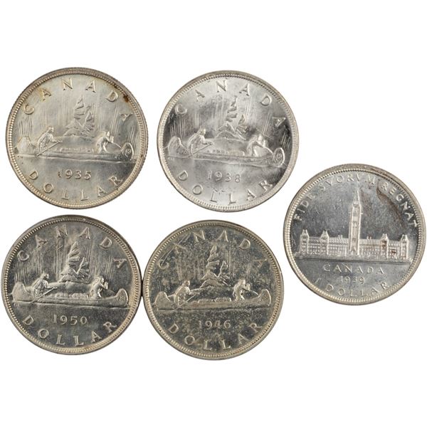 Canada 1935-1950 Silver Dollars Includes Rotated Die (5 Pieces)