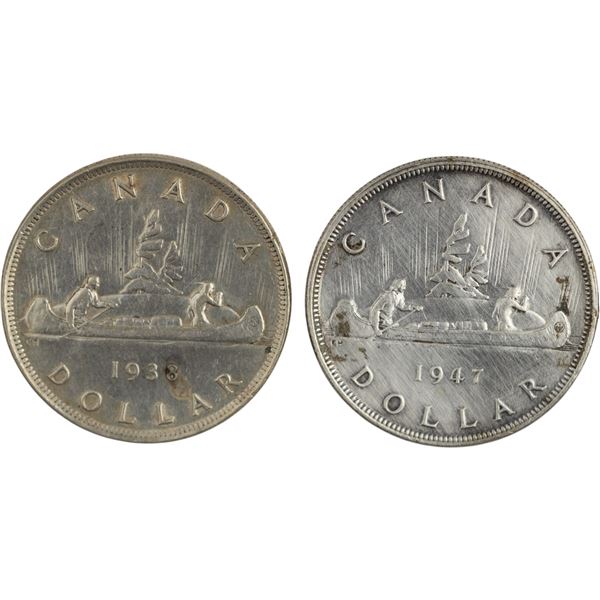 Canada 1938 & 1947 BL7 Silver Dollars (2 Pieces)