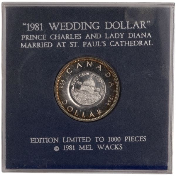 Canada 1964 Silver Dollar with 1981 Dianna & Charles Wedding Counterstamp