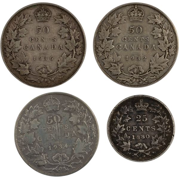 Canada 25 Cents & 50 Cents Silver Coin Lot (4 Pieces)