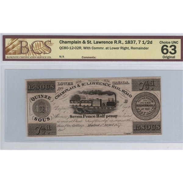 Canada 1837 7 1/2d Champlain & St. Lawrence R.R. Remainder Banknote