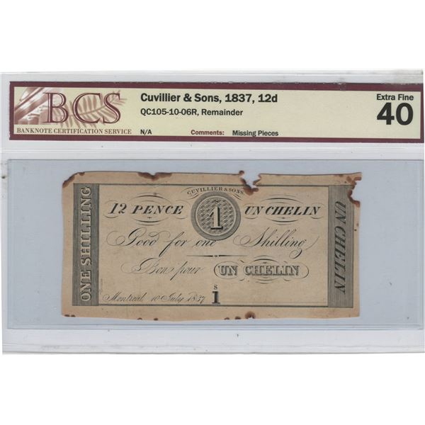 Canada 1837 Culliver & Sons Remainder Banknote