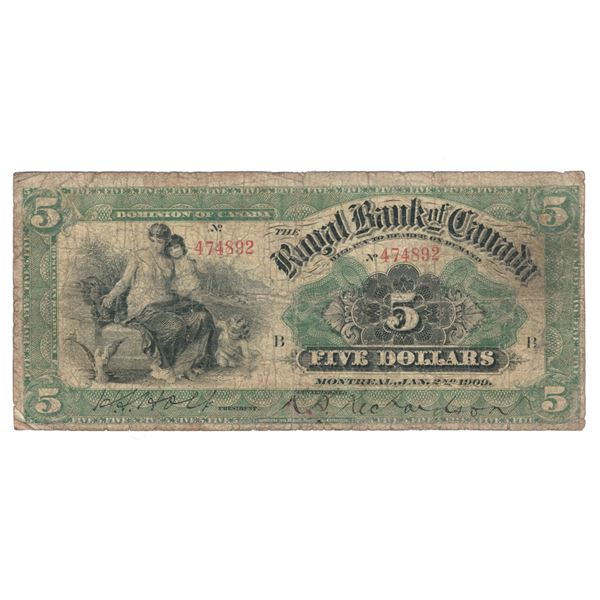 Canada 1909 $5 Royal Bank of Canada Banknote