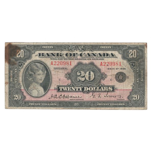 Canada 1935 $20 English Banknote - Small Seal