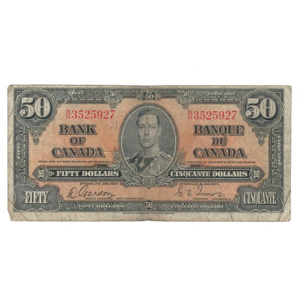 Bank of Canada 1937 $50 Banknote B/H BC-26b