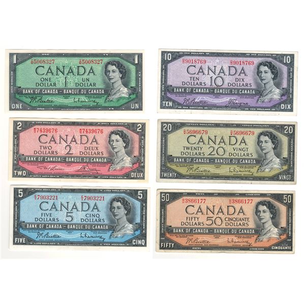 Bank of Canada 1954 $1 - $50 Banknote Bundle Collection Lot $88 Face Value (6 Pieces)