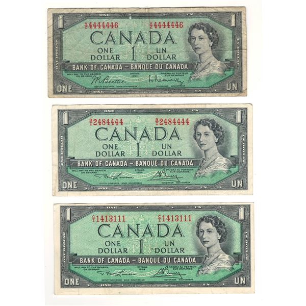 Canada 1954 $1 Banknote Lot - Unique Serial Numbers (3 Pieces)