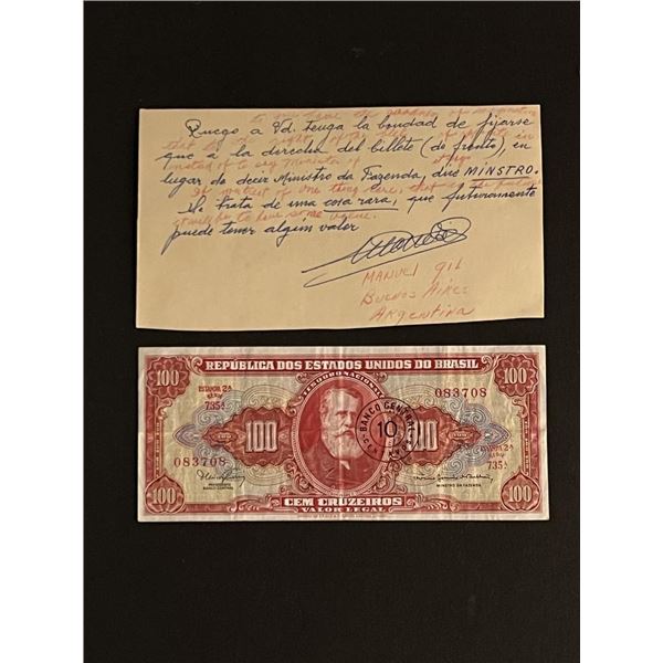 Vintage Note and REPUBLICA DOS ESTADOS UNIDOS DO BRASIL 100 CRUZEIRO BANKNOTE