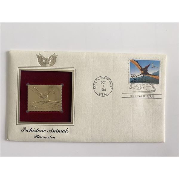 Prehistoric Animals: Pteranodon Gold Stamp Replica First Day Cover
