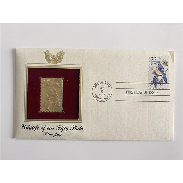 Wildlife of our Fifty States: Blue Jay Gold Stamp Replica First Day Cover