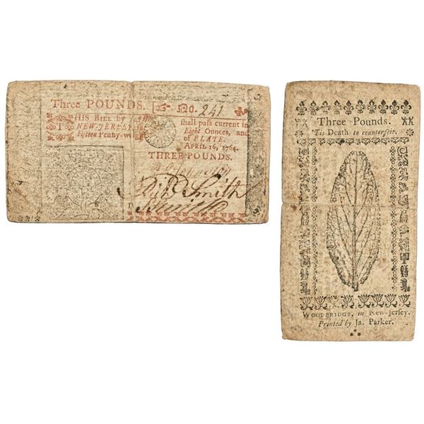 New Jersey April 16 1764 3 Pound Note VF+