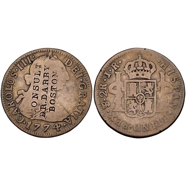 1774 B D-78 Counterstamped Spanish 2 Reales VG10