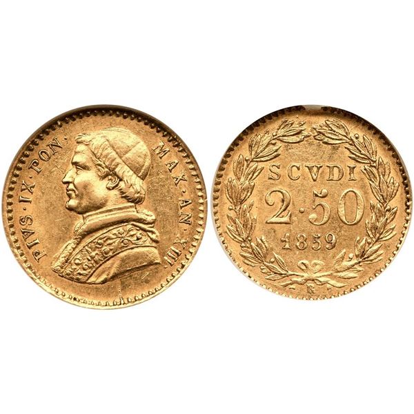 Papal States Pius IX gold 2.5 Scudi XIII Vatican 1859-R NGC AU58