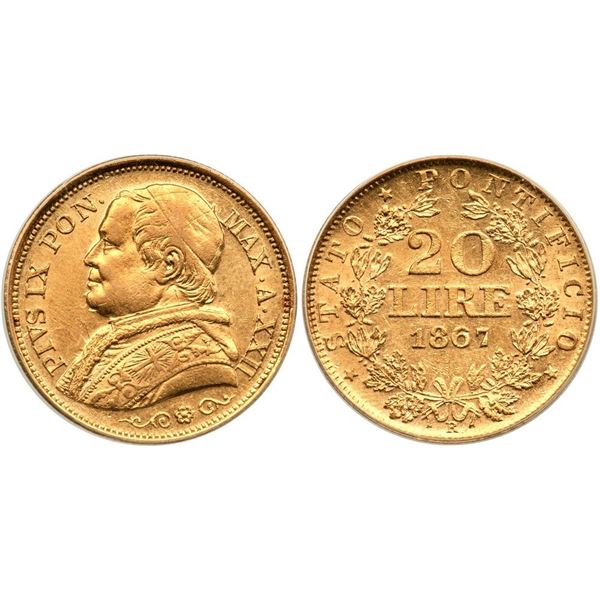 Papal States Piux IX gold 20 Lire XXII 1867-R ANACS AU50 Details (Cleaned)