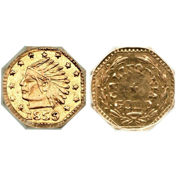 1859-Dated Indian - Wreath W/Star Octagonal California Gold Token (0.30g) NGC MS 63