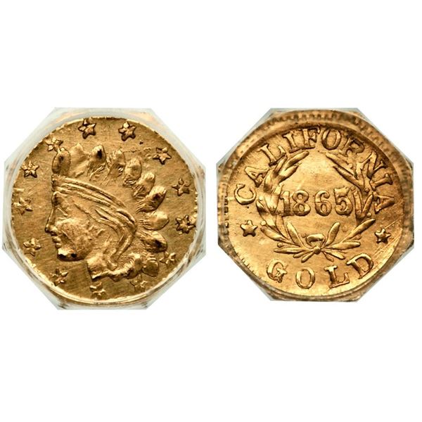 1865-Dated Indian - Wreath Octagonal California Gold Token (0.20g) NGC MS62