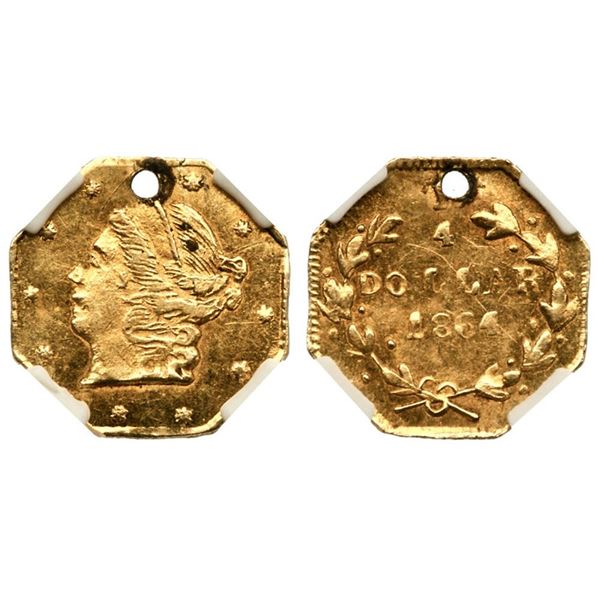1864 BG-706 Round Liberty California Gold 25C NGC UNC Details (Holed)