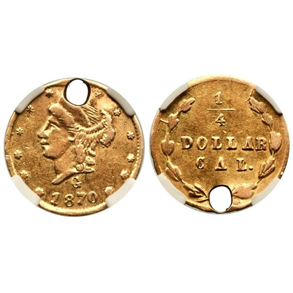 1870 BG-835 Round Liberty California Gold 25C NGC AU Details (Holed)