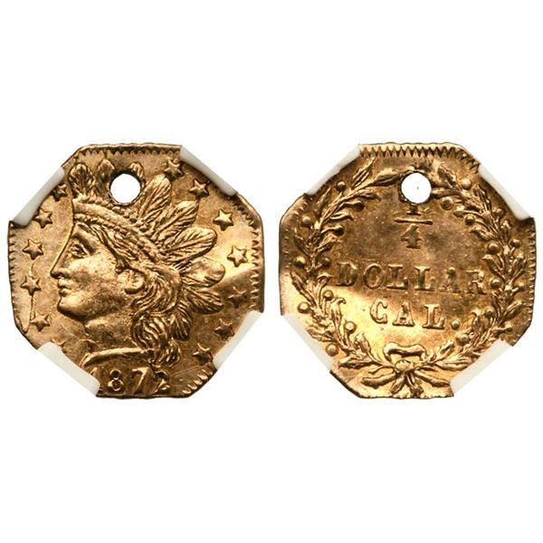 1872/1 BG-790 Octagonal Indian California Gold 25C NGC AU Details (Holed)