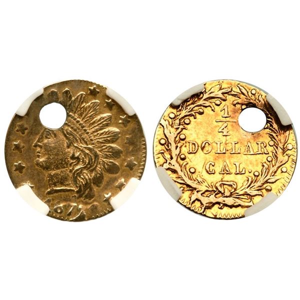 1872/1 BG-869 Round Indian California Gold 25C NGC AU Details (Holed)