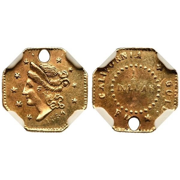 1854 BG-306 Octagonal Liberty California Gold 50C NGC AU Details (Holed)