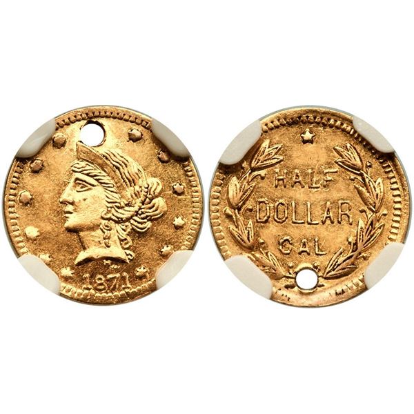 1871 BG-1045 Round Liberty California Gold 50c NGC UNC Details (Holed)
