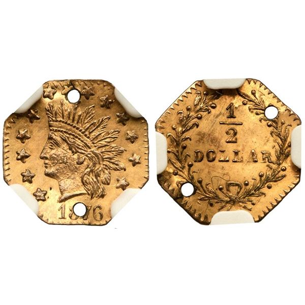 1876 BG-953 Octagonal Indian California Gold 50c NGC UNC Details (Holed)