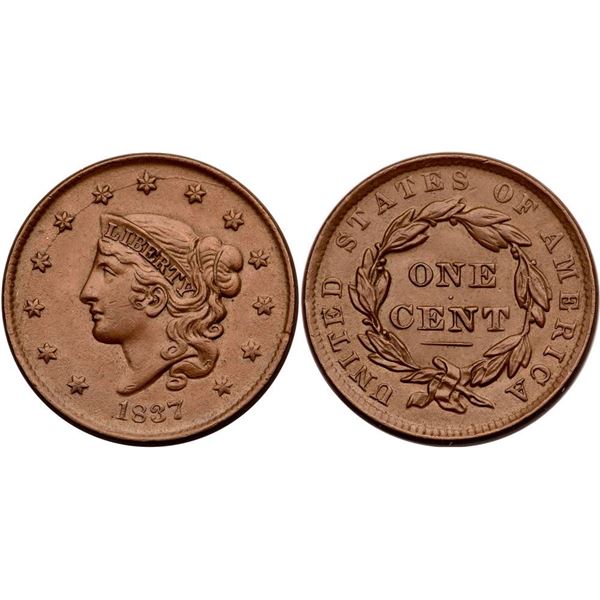 1837 N-5 R-2 Plain cords, Sm Letters AU55