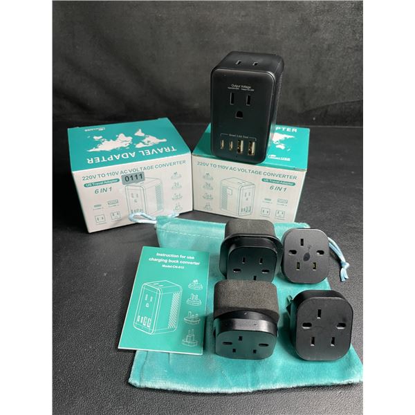 Lot of 2 6-in-1 Travel Adapters; 220V to 110V AC Voltage Converters w/ USB-C & USB-A Ports - New