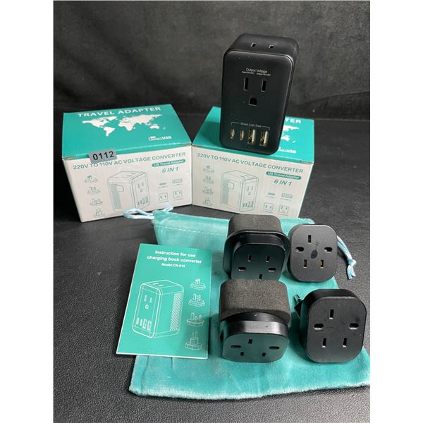 Lot of 2 6-in-1 Travel Adapters; 220V to 110V AC Voltage Converters w/ USB-C & USB-A Ports - New